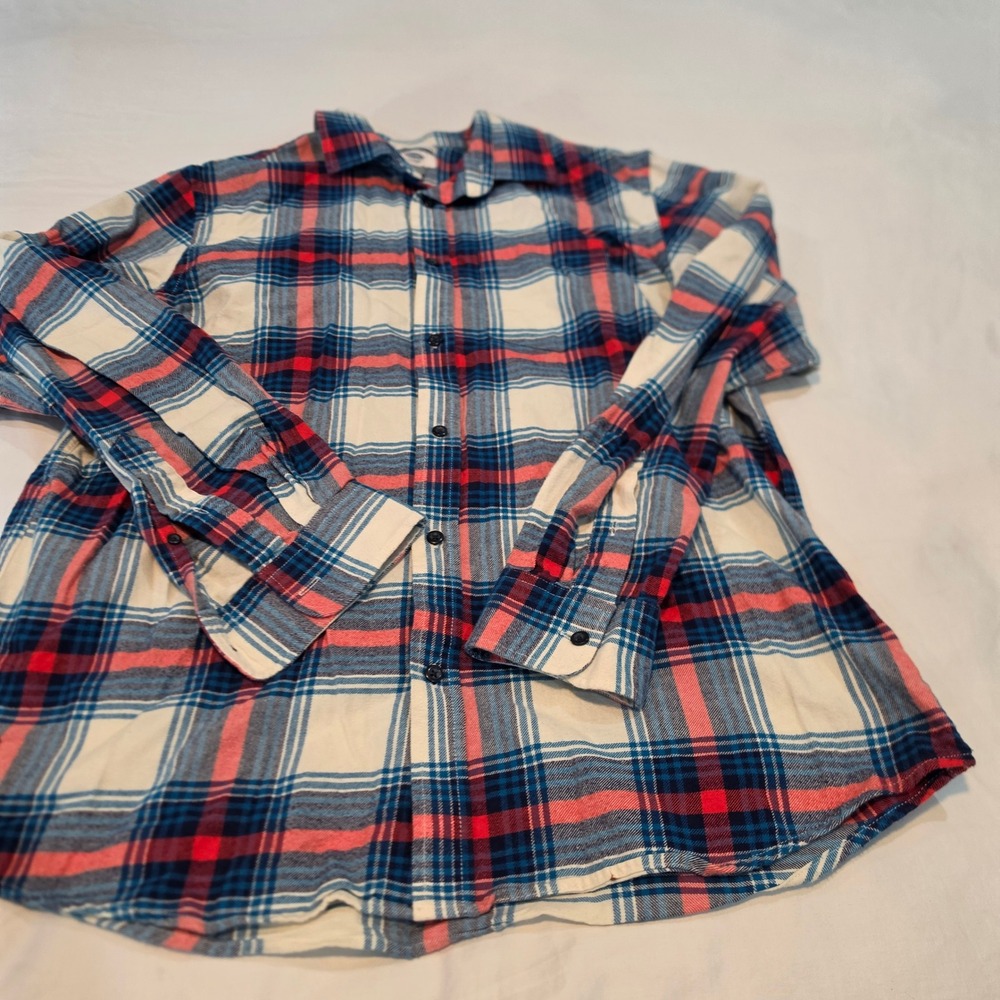 Old Navy Flannel Shirt Mens Large Blue Red Plaid Excellent Regular Fit 430649-04